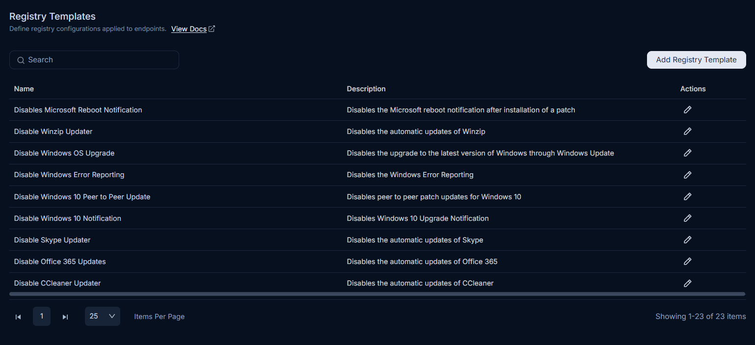 Registry Templates List page