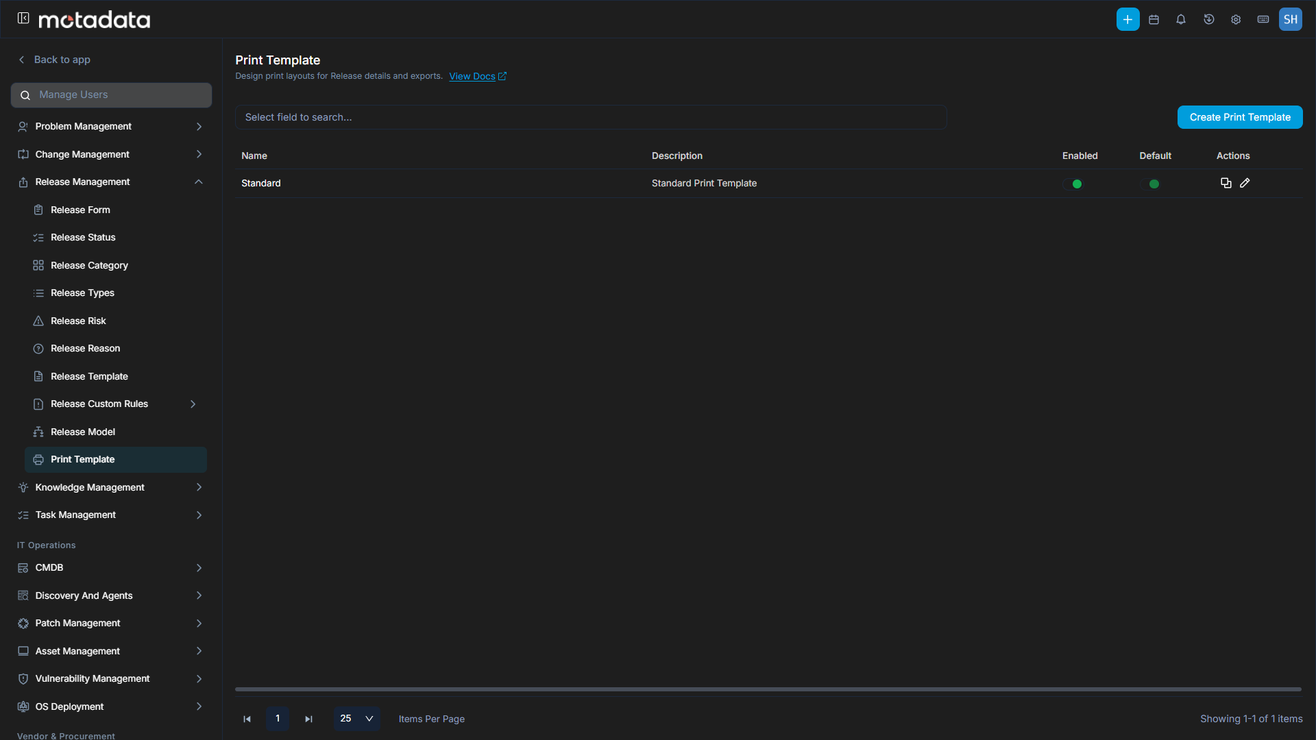 Print Templates list page showing available release print templates