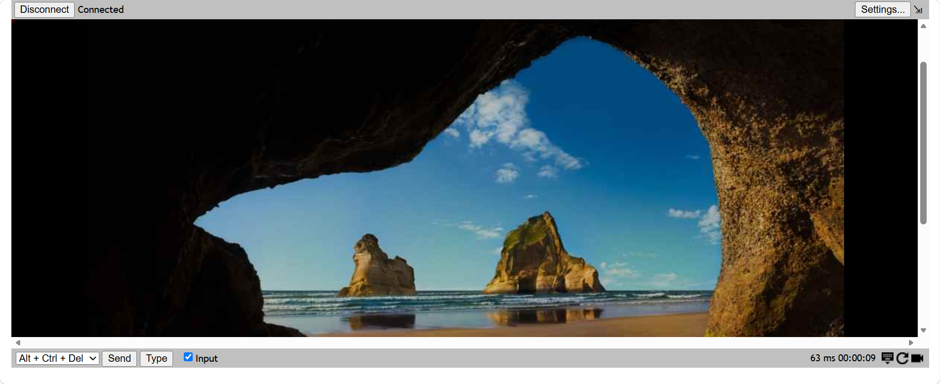 Remote desktop session controls showing top bar and bottom toolbar