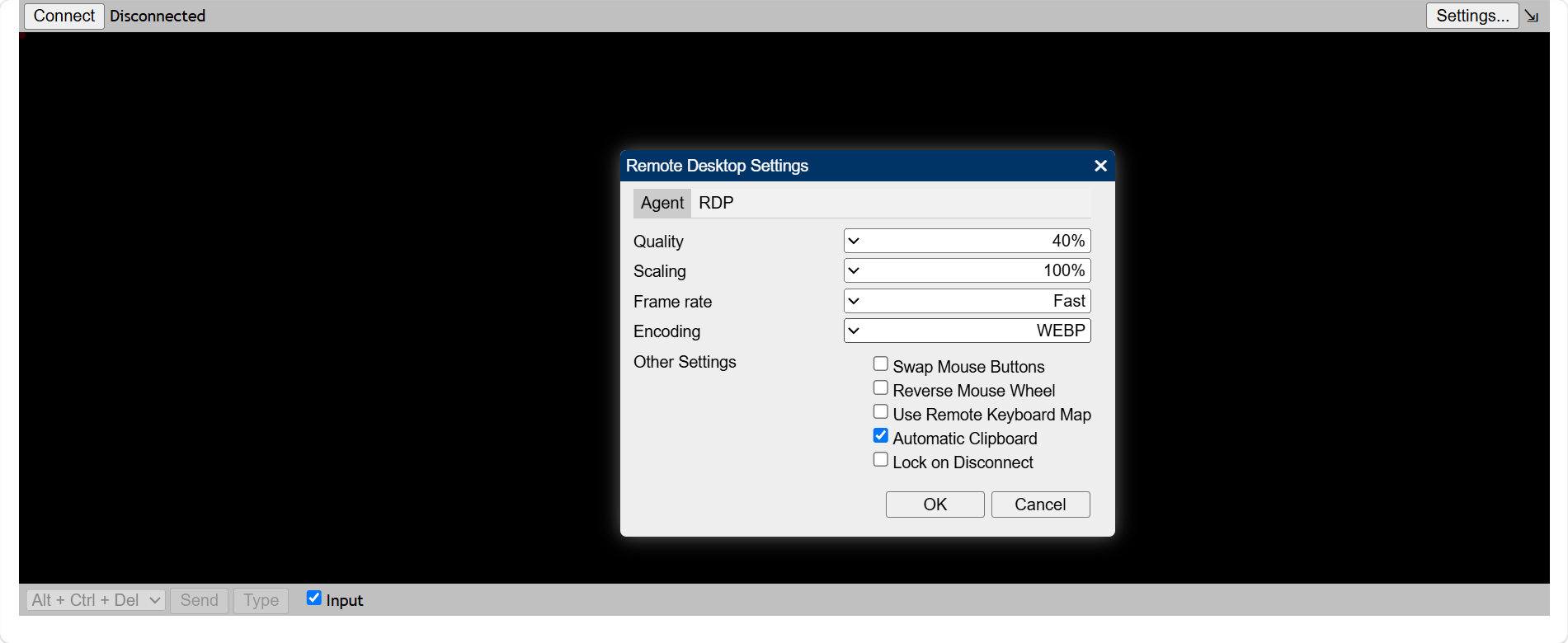 Remote Desktop Settings — Agent tab showing quality, scaling, frame rate, encoding, and other settings