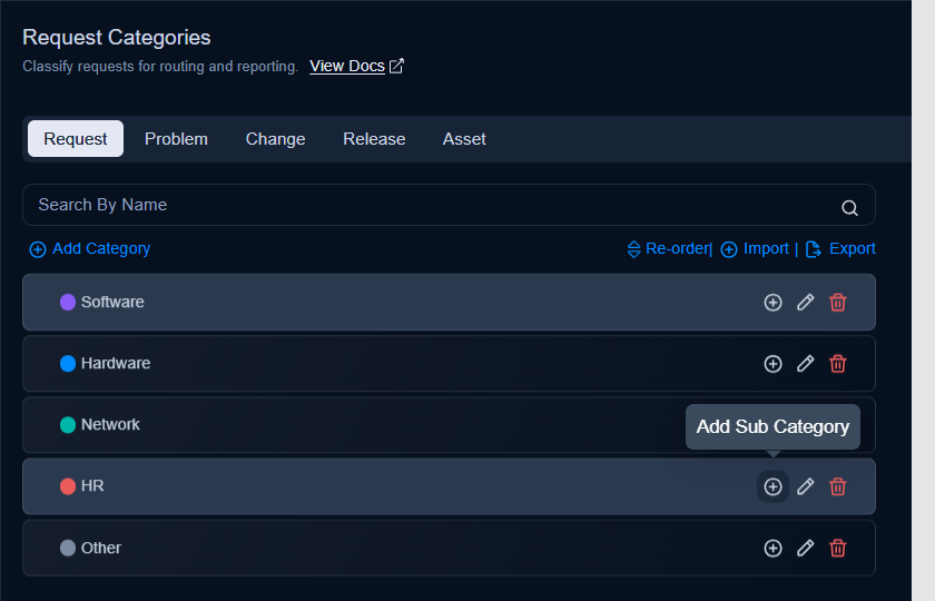 Request Categories Page