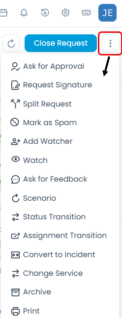 Action options on request details page