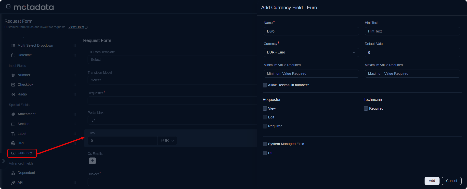 Add Currency Field configuration panel