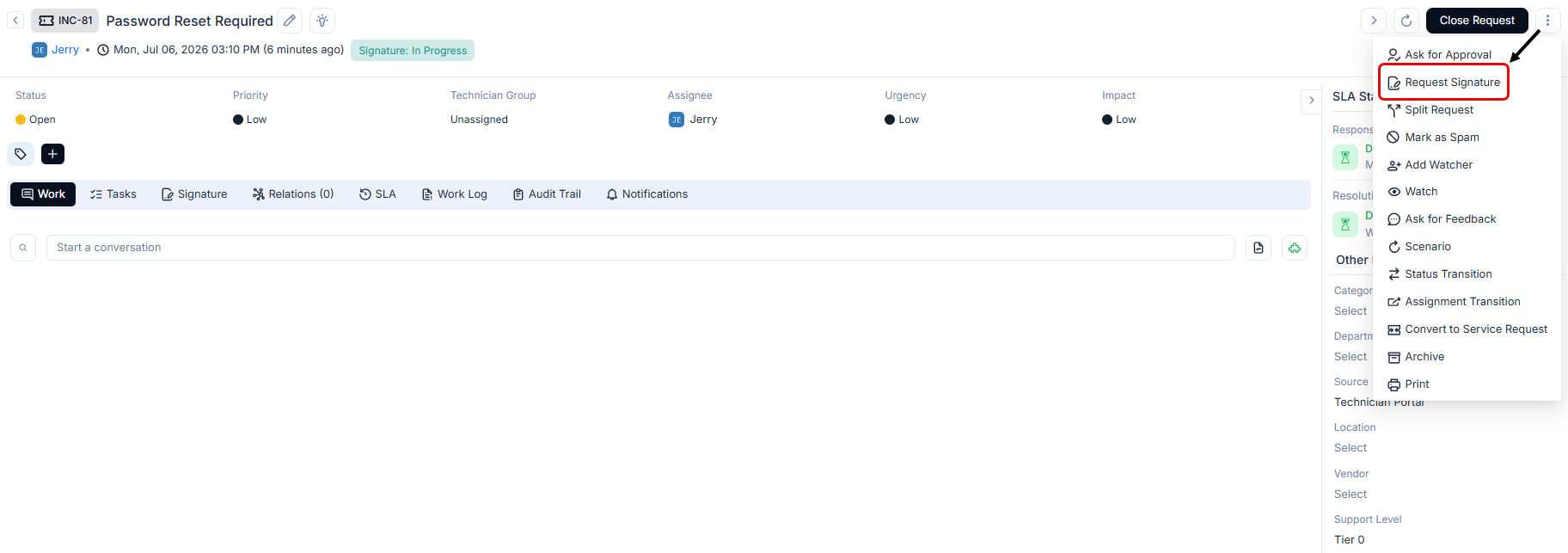 More Actions dropdown menu on request detail page with the Request Signature option highlighted