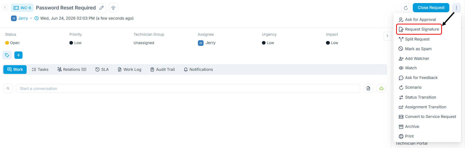 More Actions dropdown on a request detail page with the Request Signature option highlighted