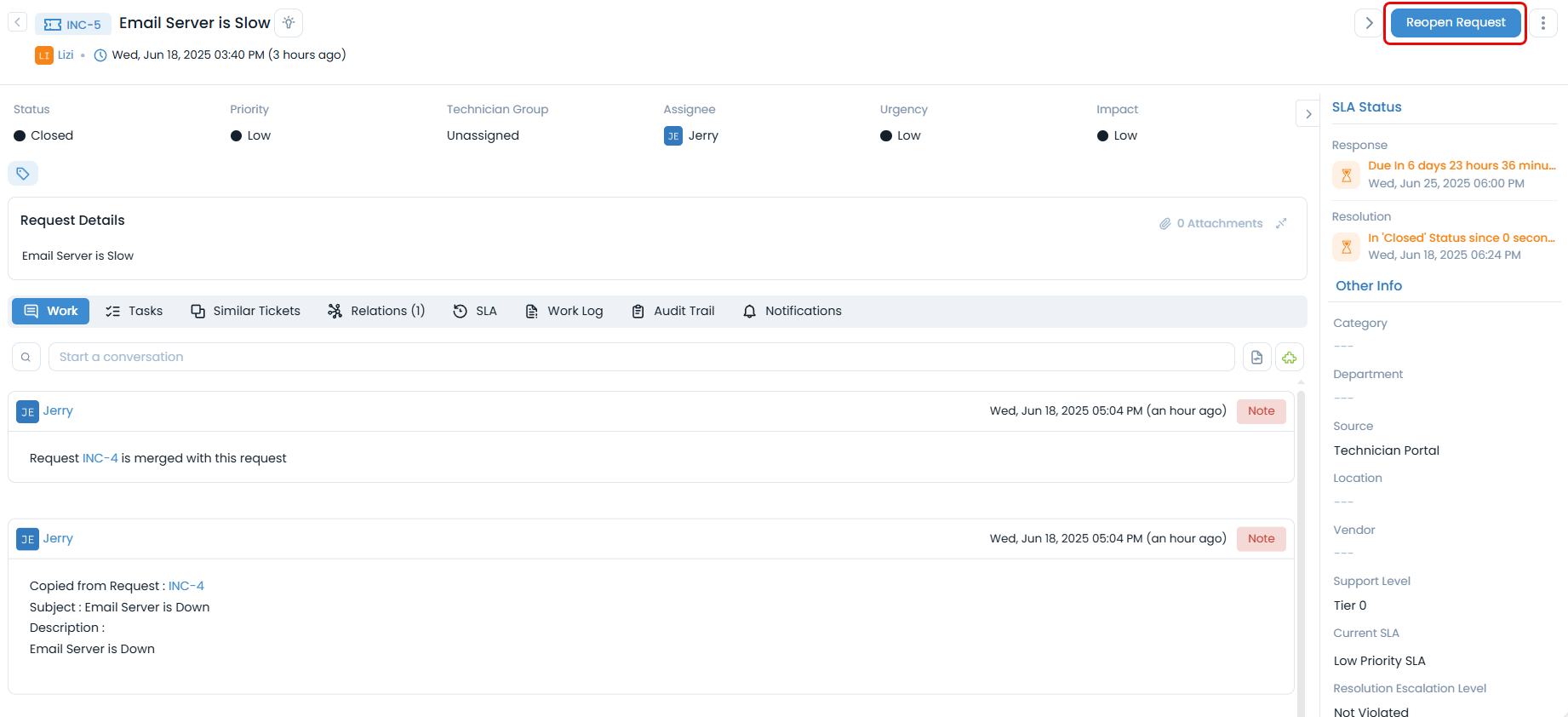 Reopening Request by Changing Status