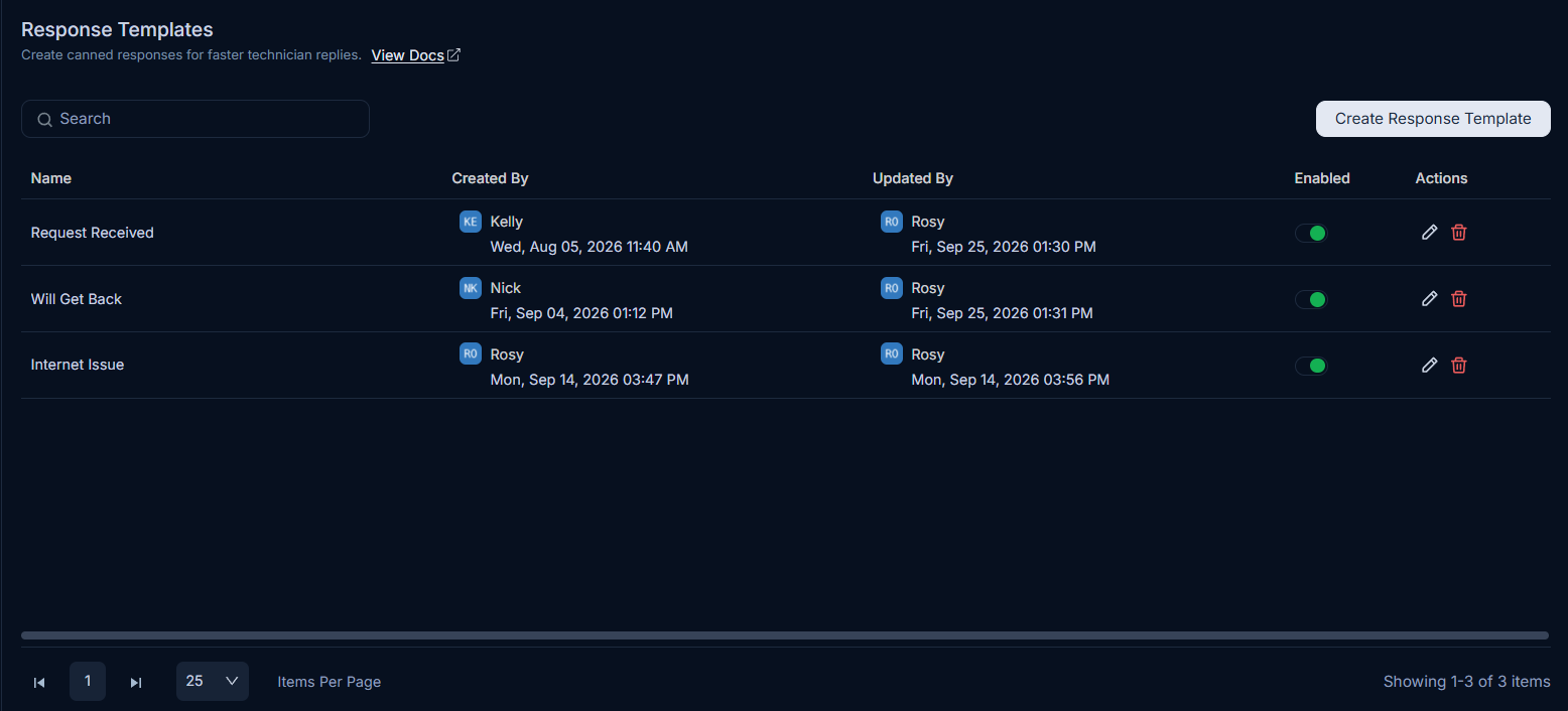 Response Templates Page