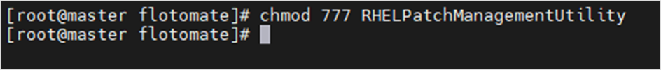 Terminal showing chmod 777 applied to RHELPatchManagementUtility on the Satellite Server