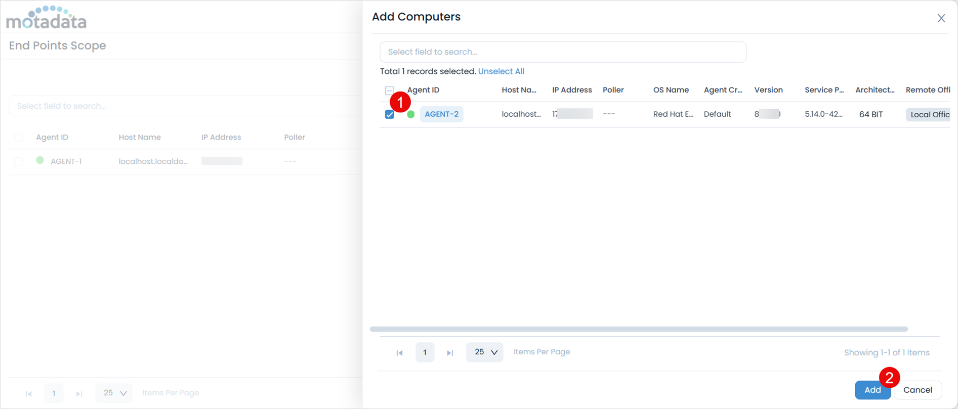 ServiceOps Endpoints Scope page showing computers added after patch database sync