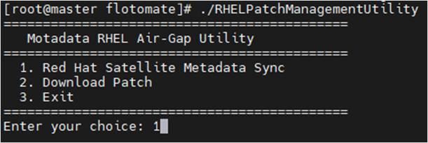 Terminal showing RHELPatchManagementUtility running with sudo on the Satellite Server