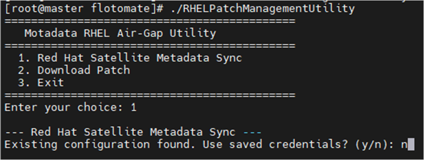 Terminal showing option 1 selected for Red Hat Satellite Metadata Sync