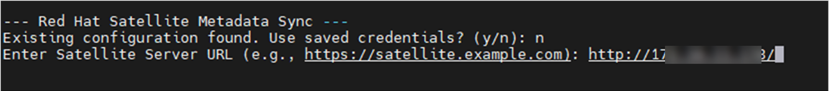 Terminal showing the Satellite Server URL prompt during metadata sync