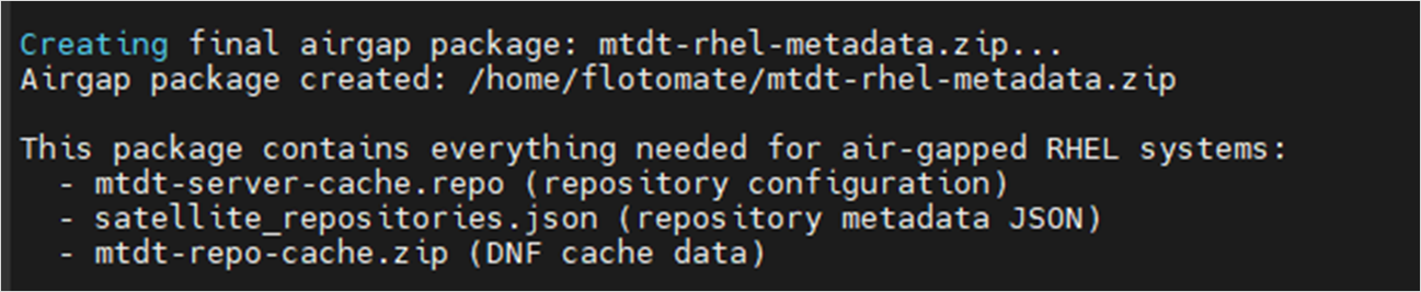 Terminal showing the ZIP file creation complete after metadata sync finishes