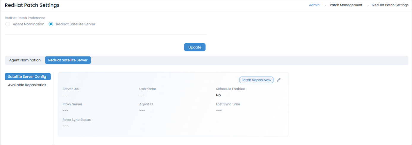 Admin panel showing Red Hat Patch Settings with Red Hat Satellite Server selected as the patch preference