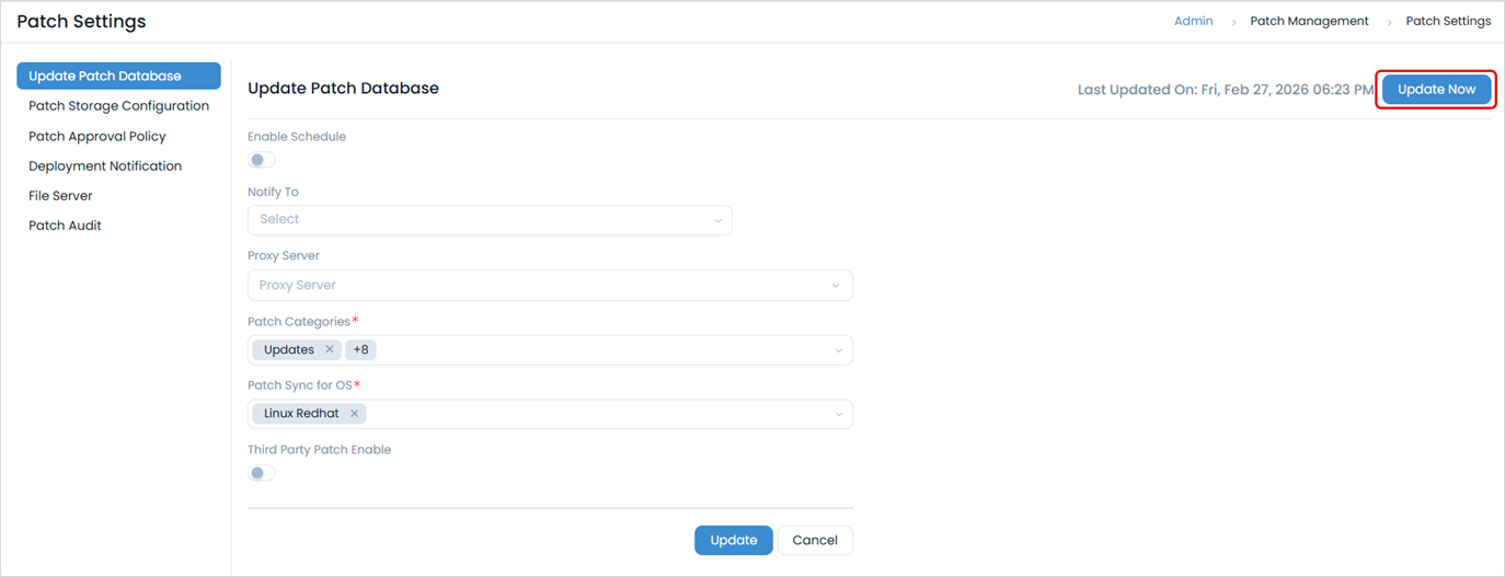 ServiceOps Update Patch Database page showing the Update Now button