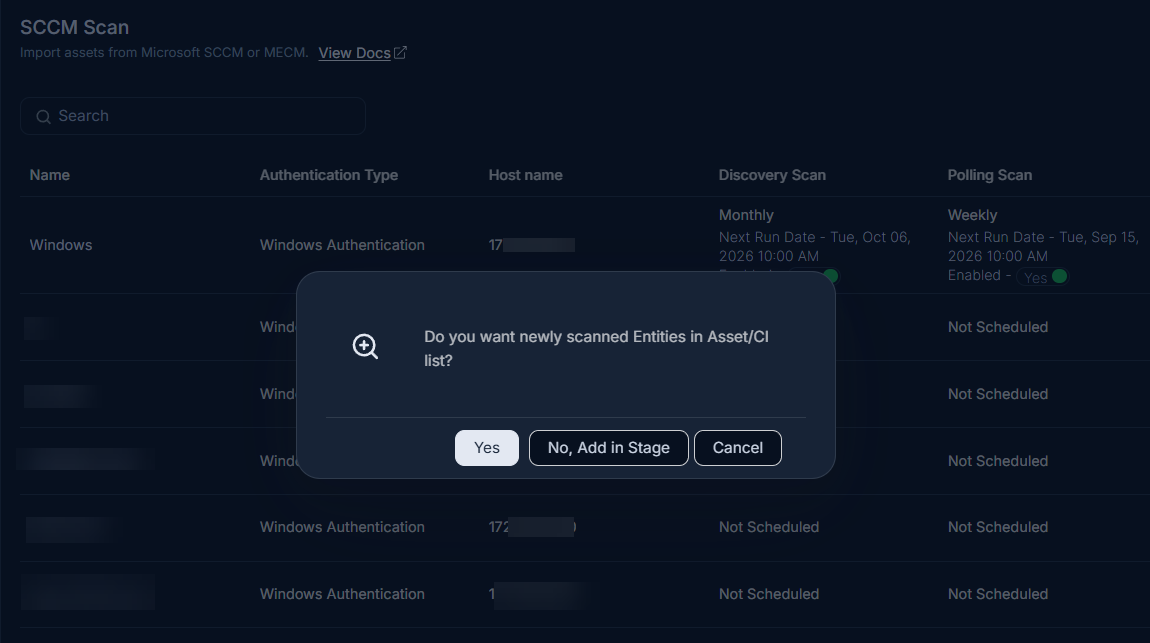 Discover New Asset confirmation dialog with Yes, No Add in Stage, and Cancel options