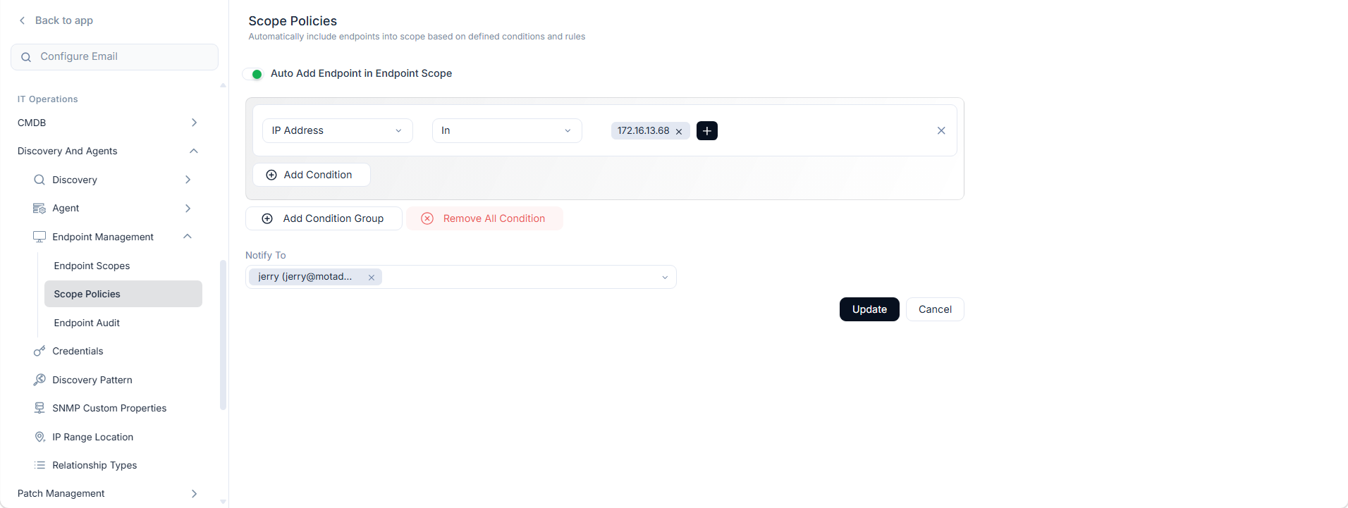 Scope Policies page showing the auto-add toggle and condition builder