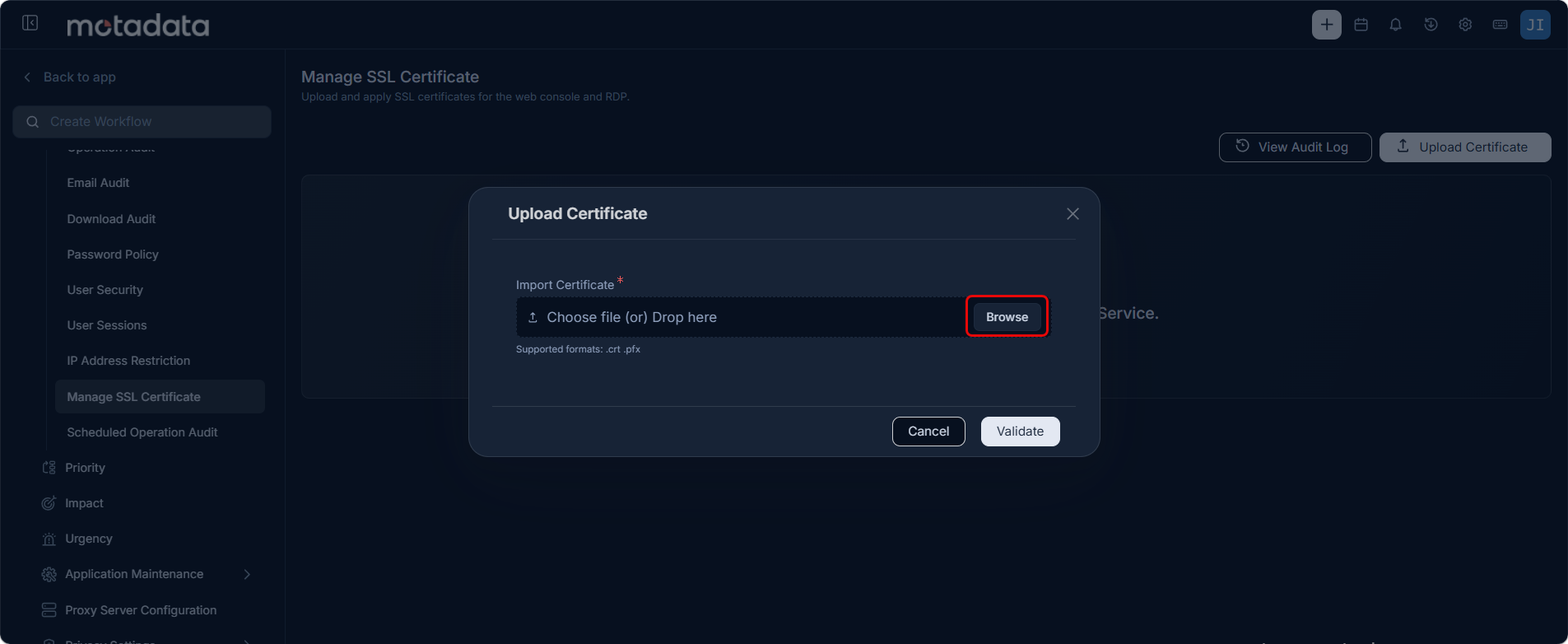 Upload Certificate dialog showing the Import Certificate field with Browse button