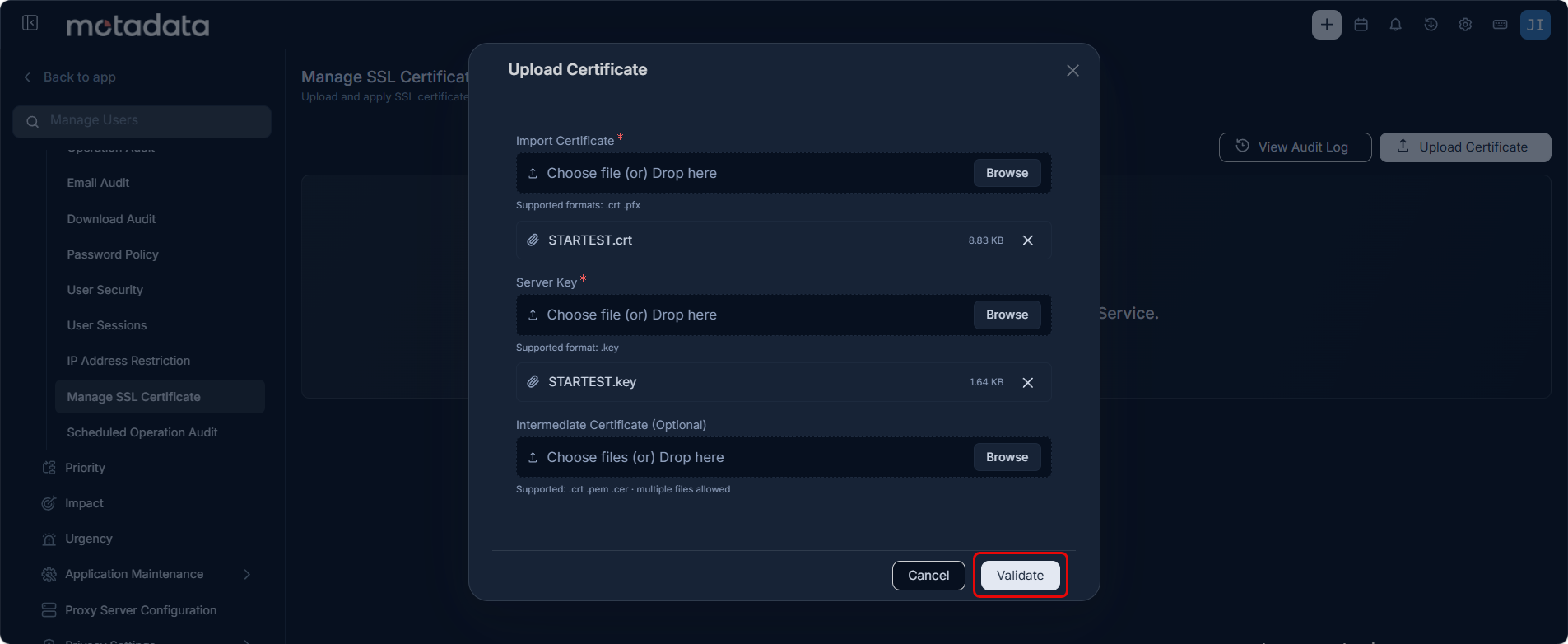 Upload Certificate dialog showing Import Certificate, Server Key, and Intermediate Certificate fields with files selected