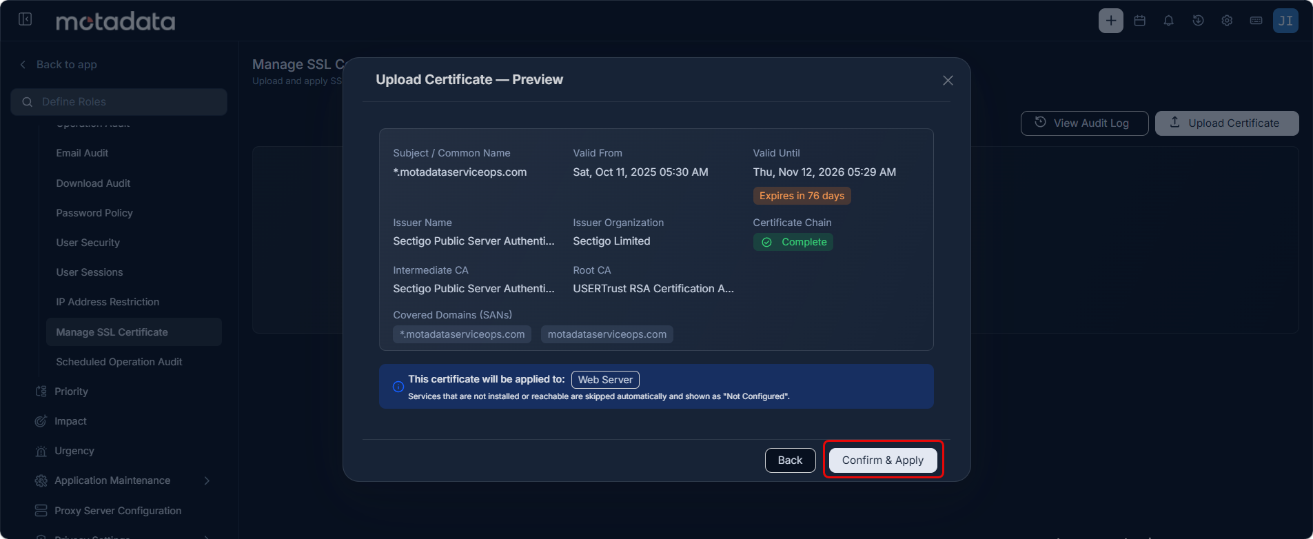 Upload Certificate preview showing certificate details and the services it will be applied to
