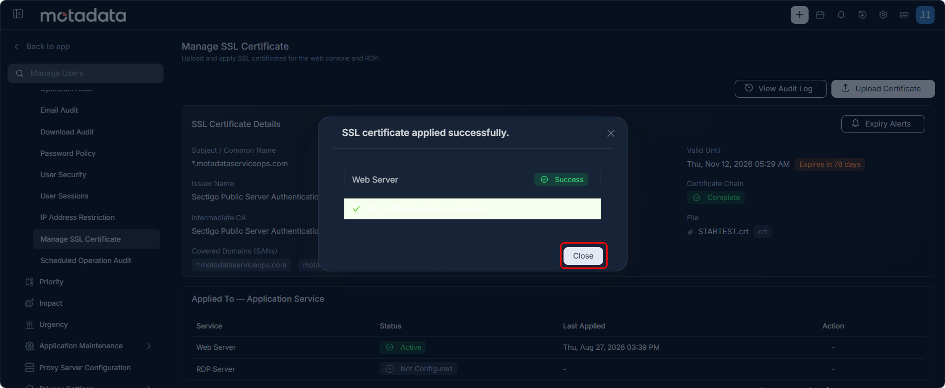 SSL certificate applied successfully dialog showing Web Server status as Success
