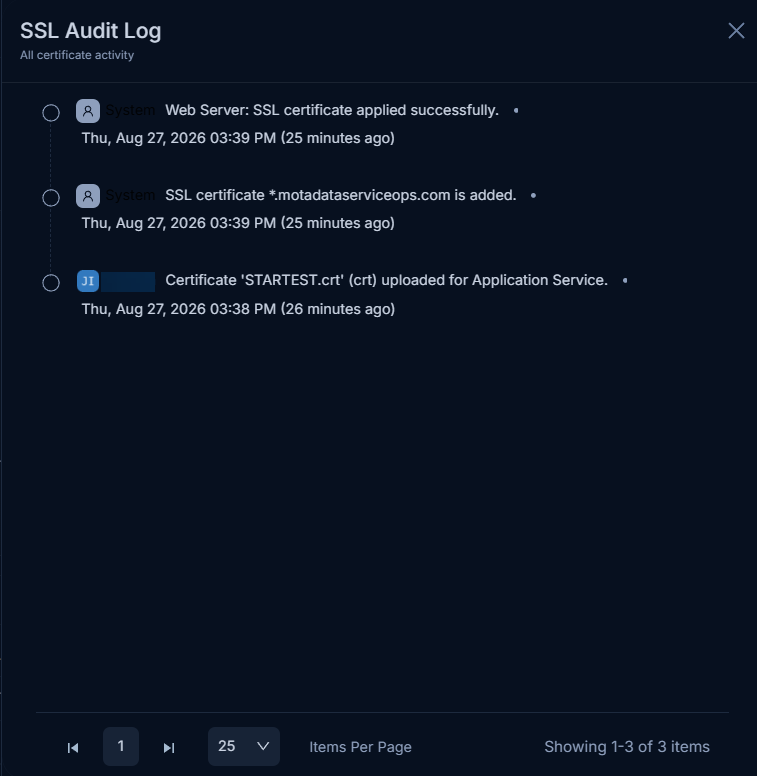 SSL Audit Log panel showing certificate upload, add, and apply events with timestamps