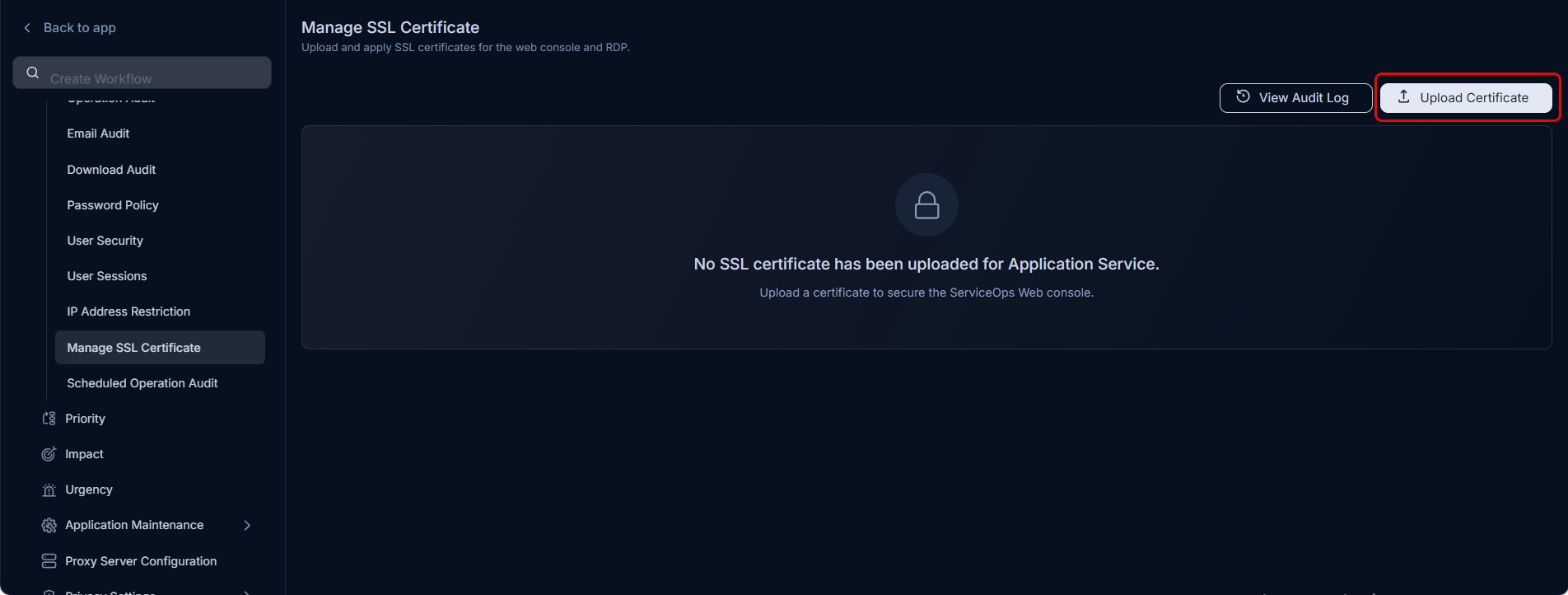 Manage SSL Certificate page showing empty state for Application Service tab