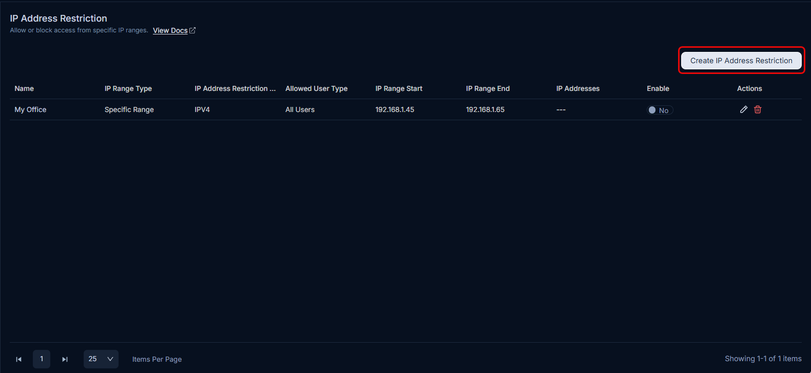 Create IP Address Restriction button