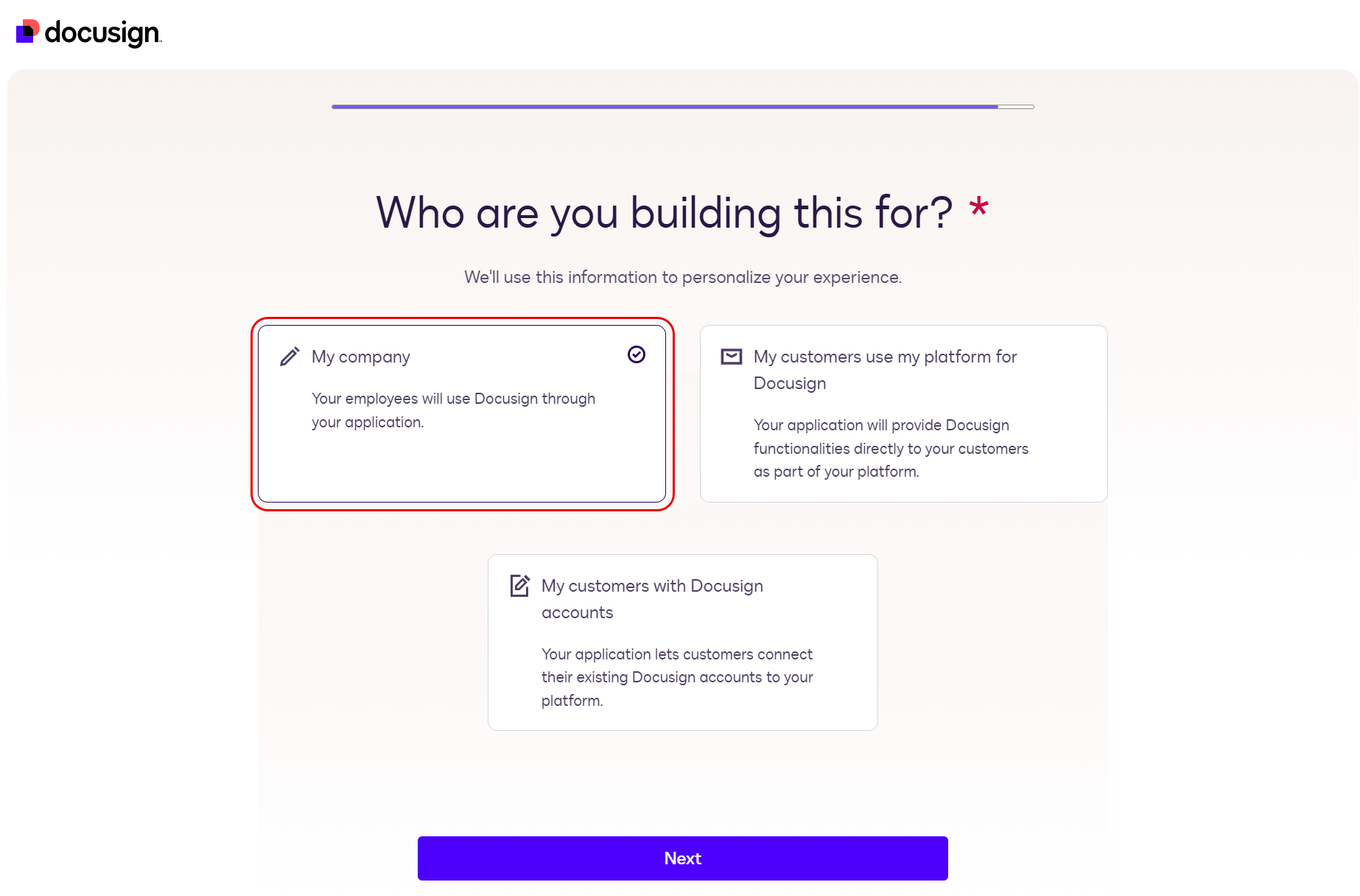 DocuSign screen asking "Who are you building this for?" showing My company, My customers use my platform for Docusign, and My customers with Docusign accounts options with My company highlighted
