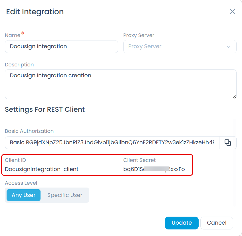 REST Integration detail showing Client ID and Client Secret fields