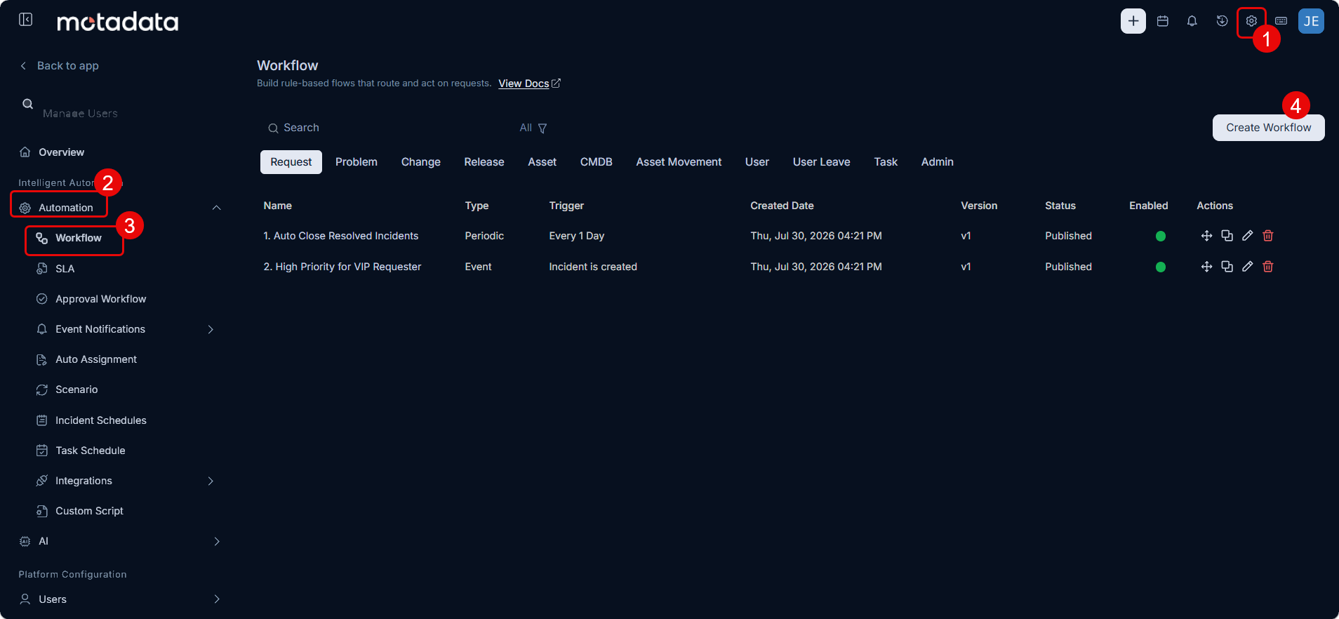 ServiceOps Workflow list page with Create Workflow button