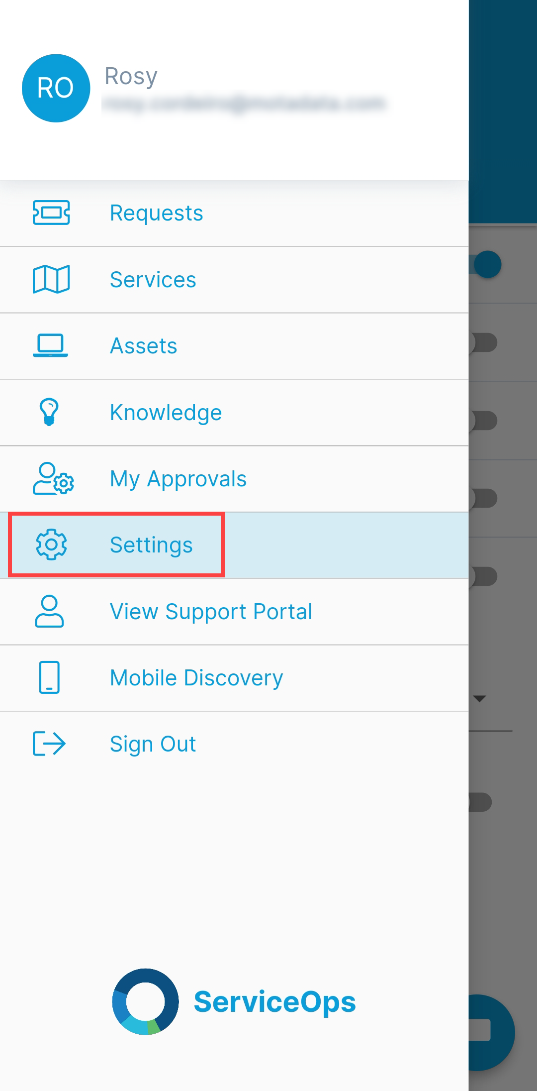 Settings menu