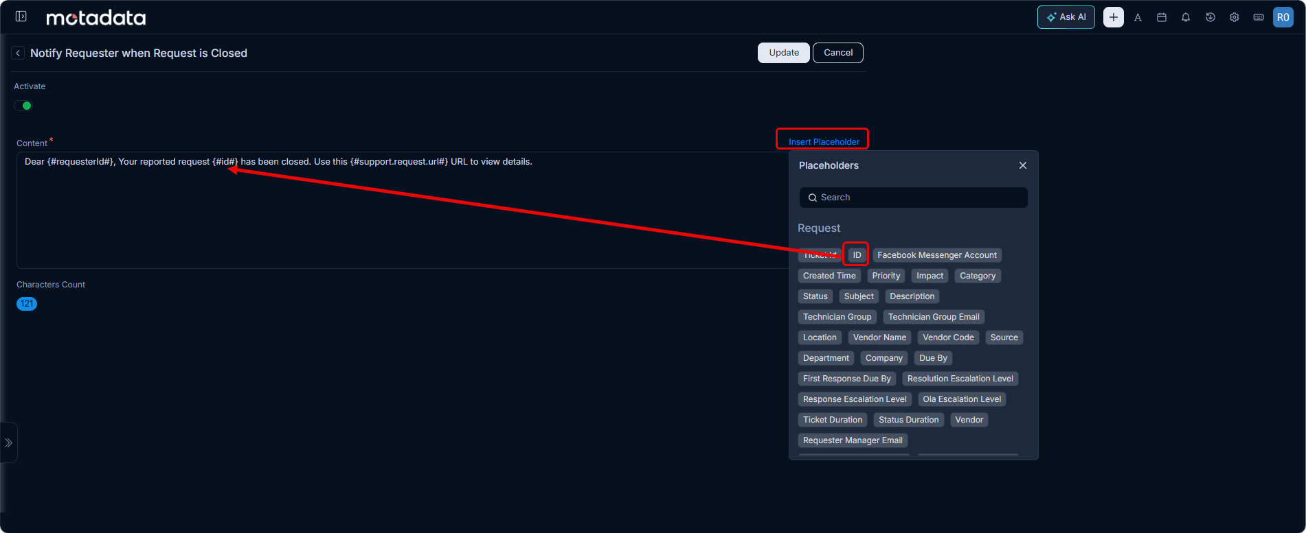 Adding Placeholders in the SMS Template