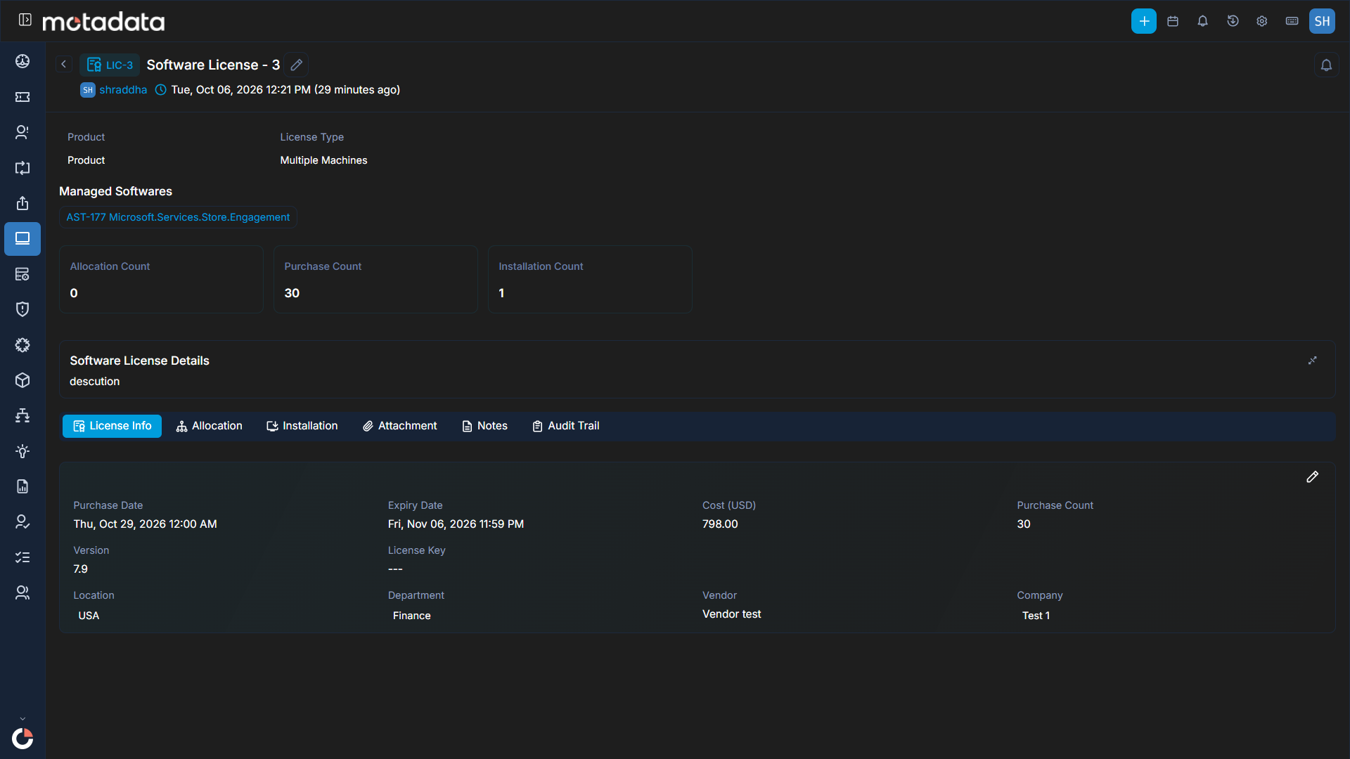 Software License Details Page