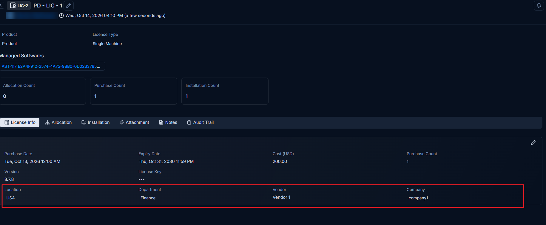 Software License details page