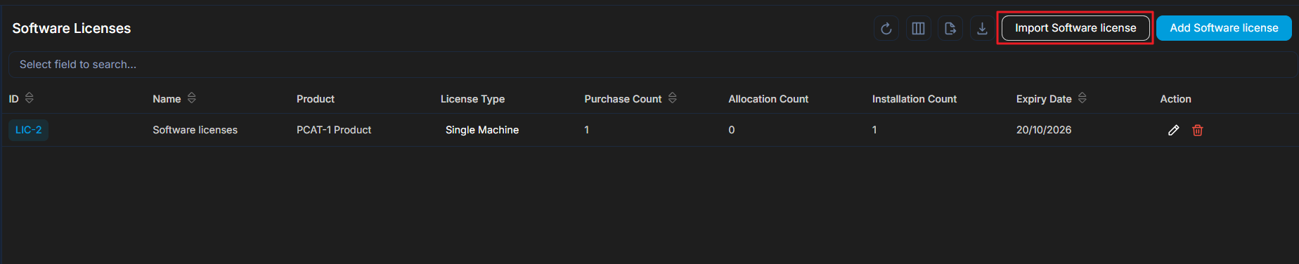 Import Software License button