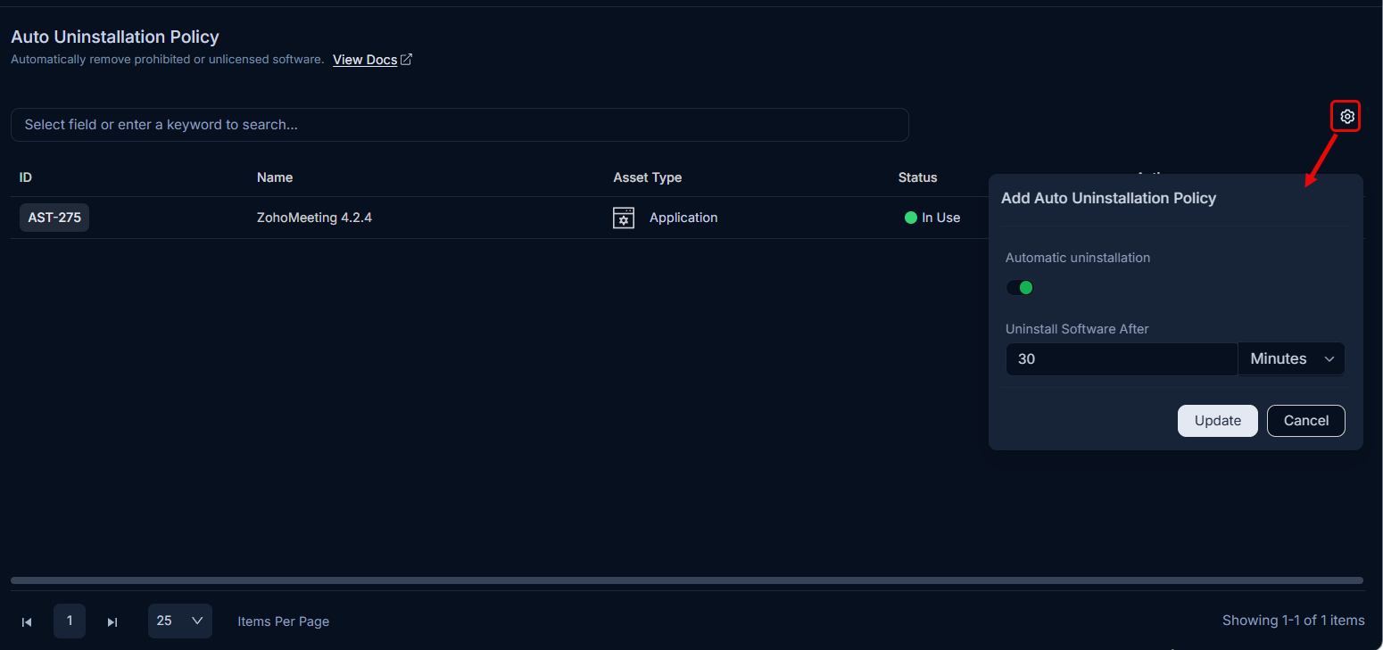 Auto Uninstallation Policy settings panel showing Automatic uninstallation toggle and Uninstall Software After field