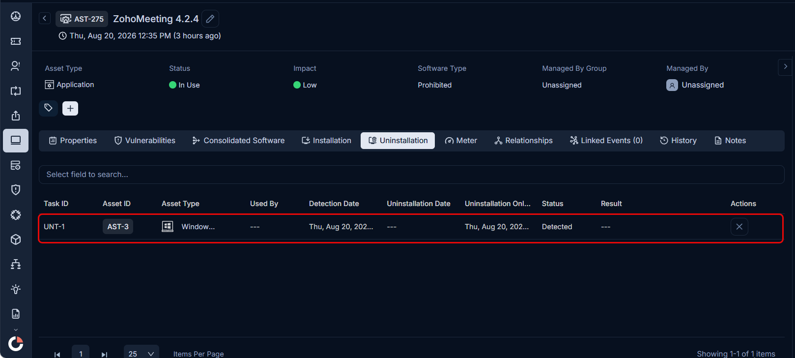 Uninstallation tab on the Software Details page