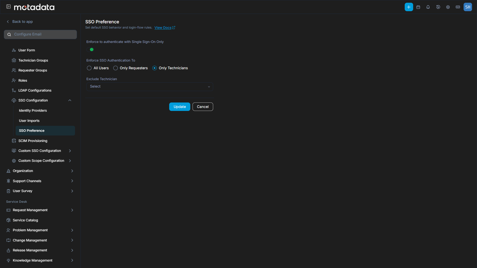 SSO Preference settings