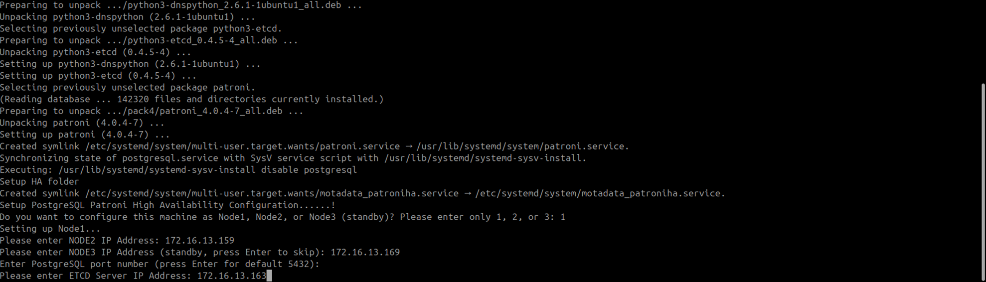 Terminal showing the DC ETCD IP entered and Patroni service showing as inactive on the DC Master