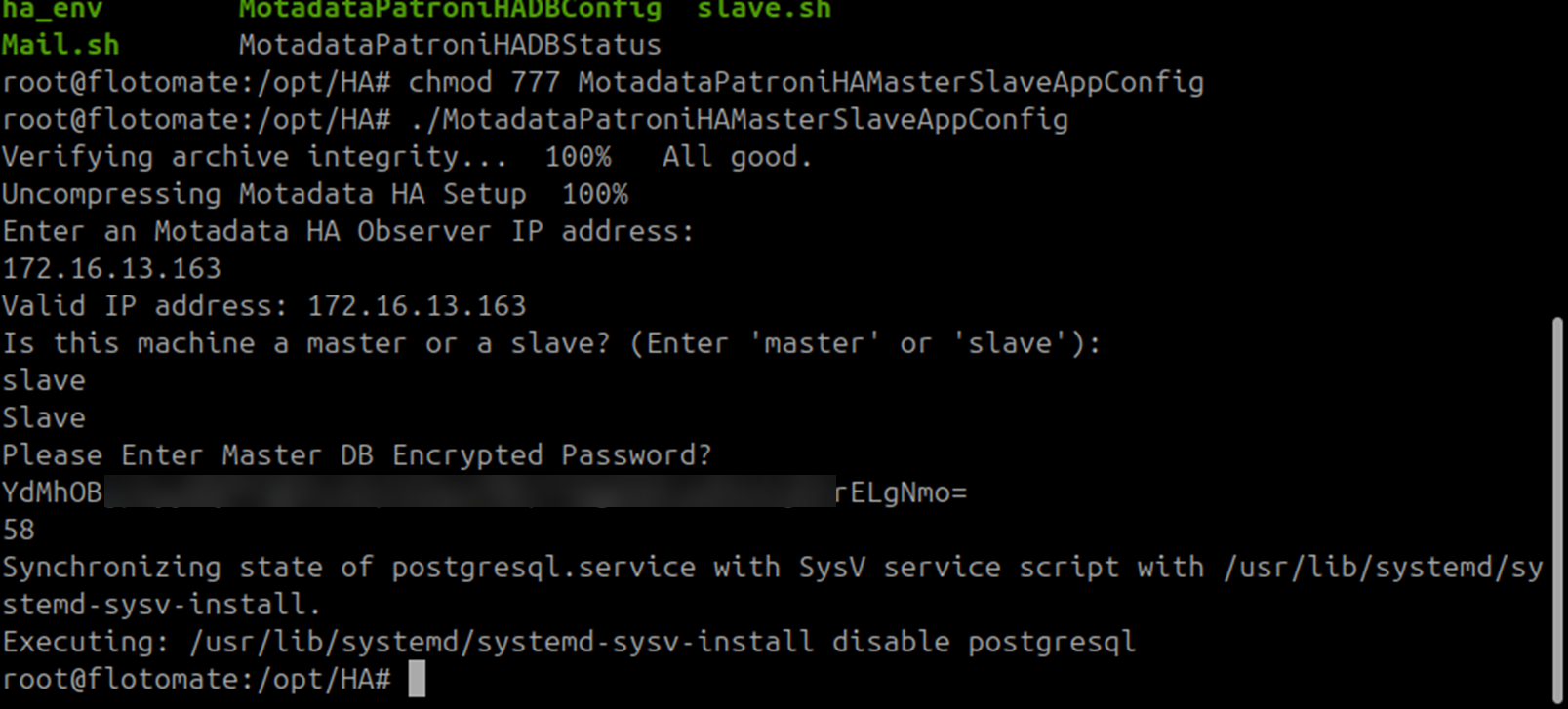 Terminal showing DC Slave application configuration completed successfully