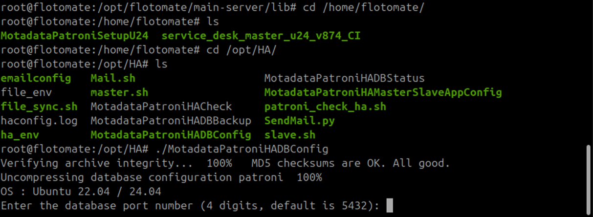 Terminal showing MotadataPatroniHADBConfig starting on the DC Master