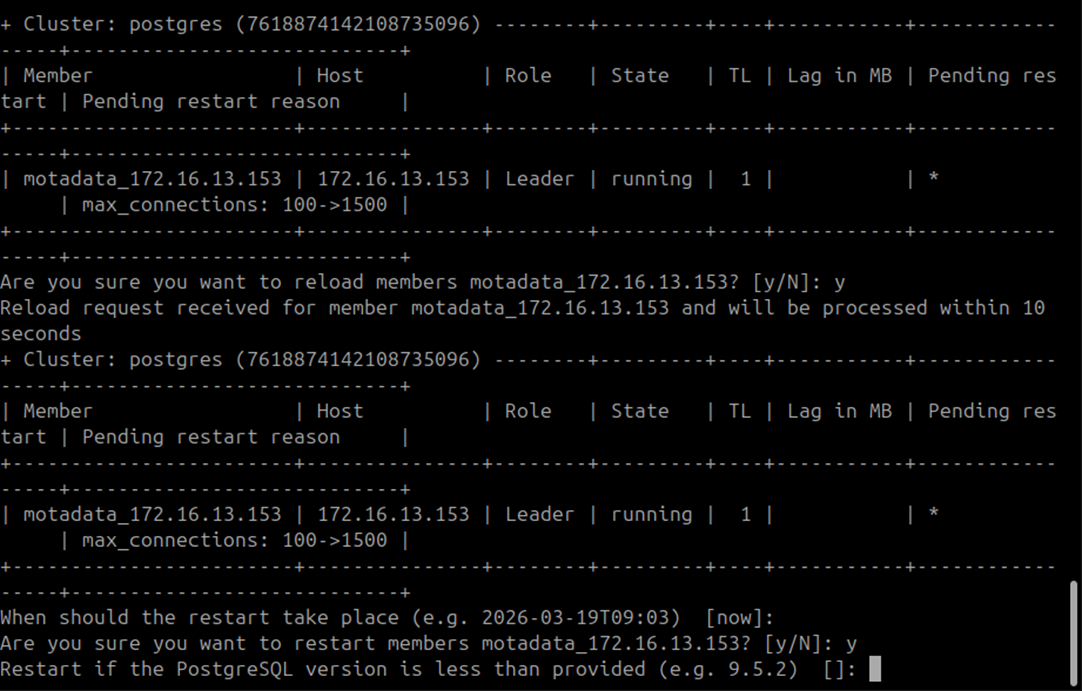 Terminal showing MotadataPatroniHADBConfig starting on the DC Master