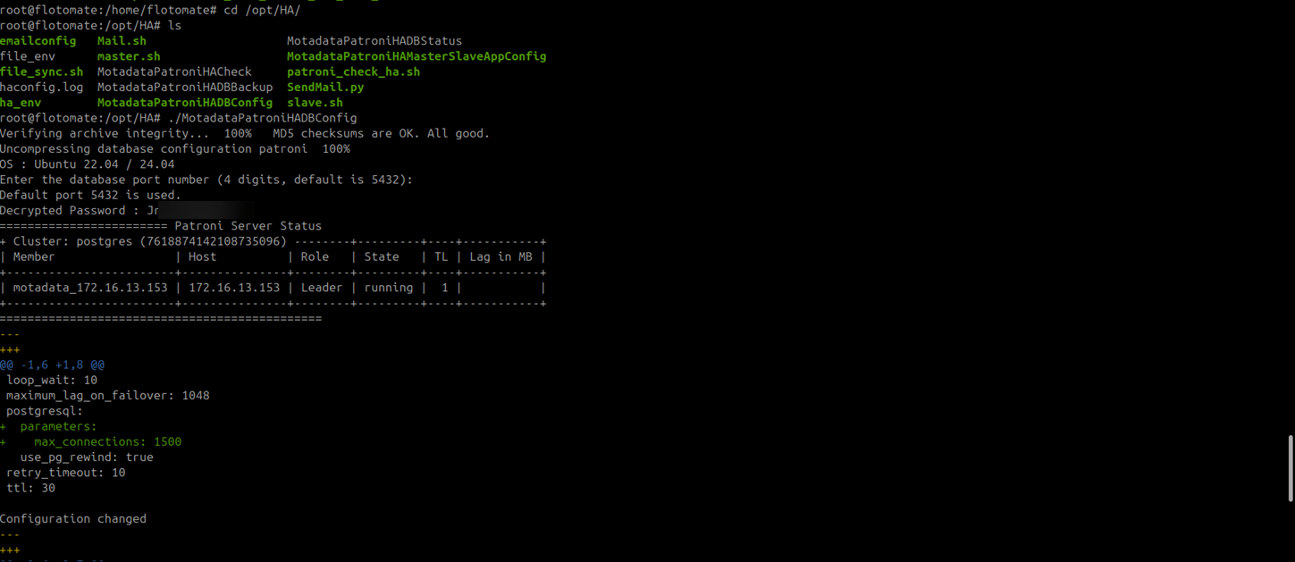 Terminal showing the Patroni member reload and restart confirmation with y entered on the DC Master