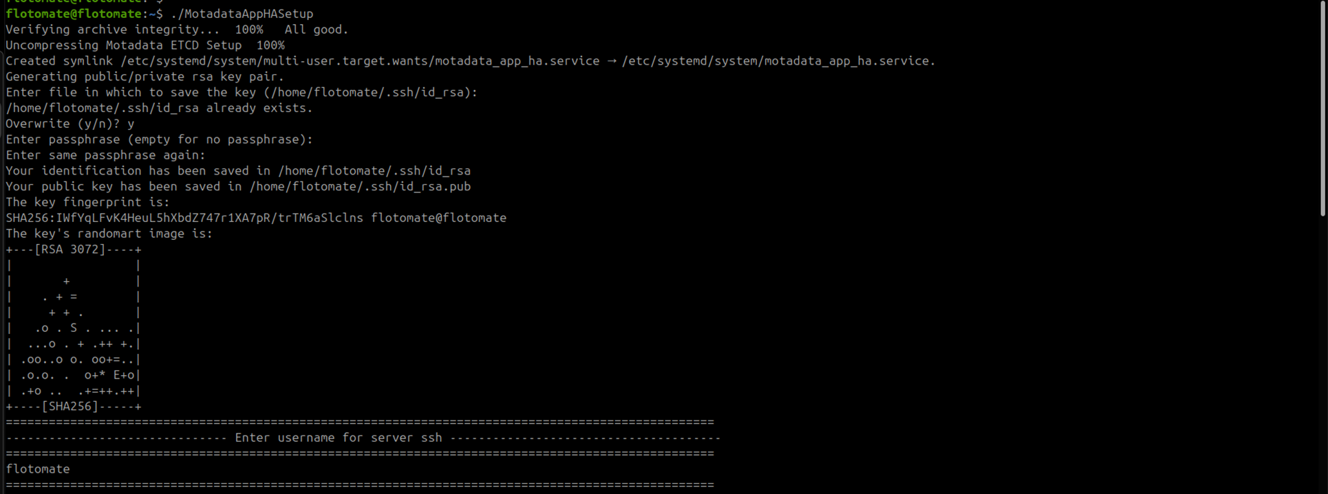 Terminal showing MotadataAppHASetup starting on the DC Observer as a normal user