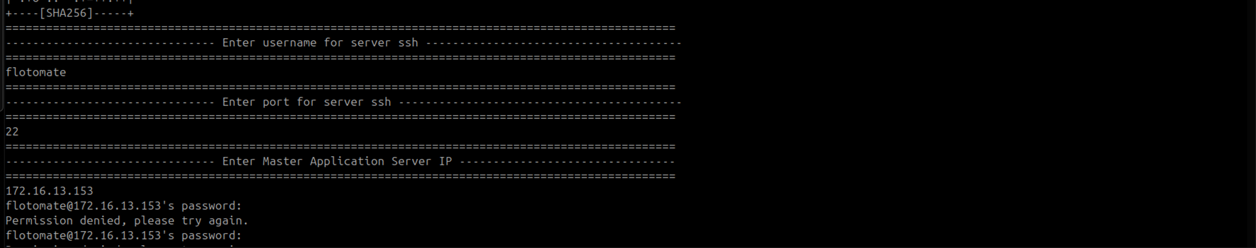 Terminal showing SSH username and port 22 entered during Application HA Observer configuration
