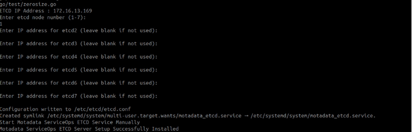 Terminal showing all additional ETCD node IP prompts left blank and ETCD setup completing successfully on the DR machine