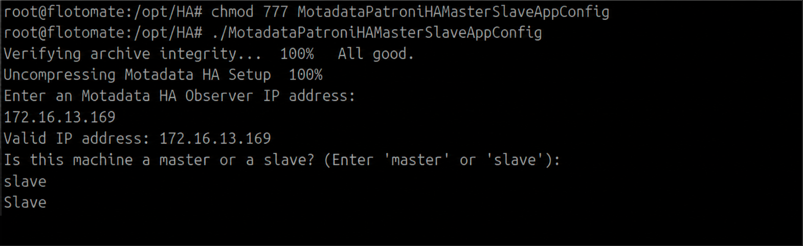 Terminal showing slave selected and the DC Master DB password entered during DR application configuration