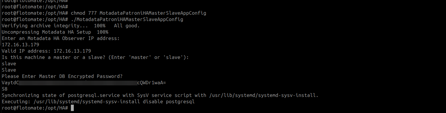 Terminal showing slave selected and the DC Master DB password entered during DR application configuration