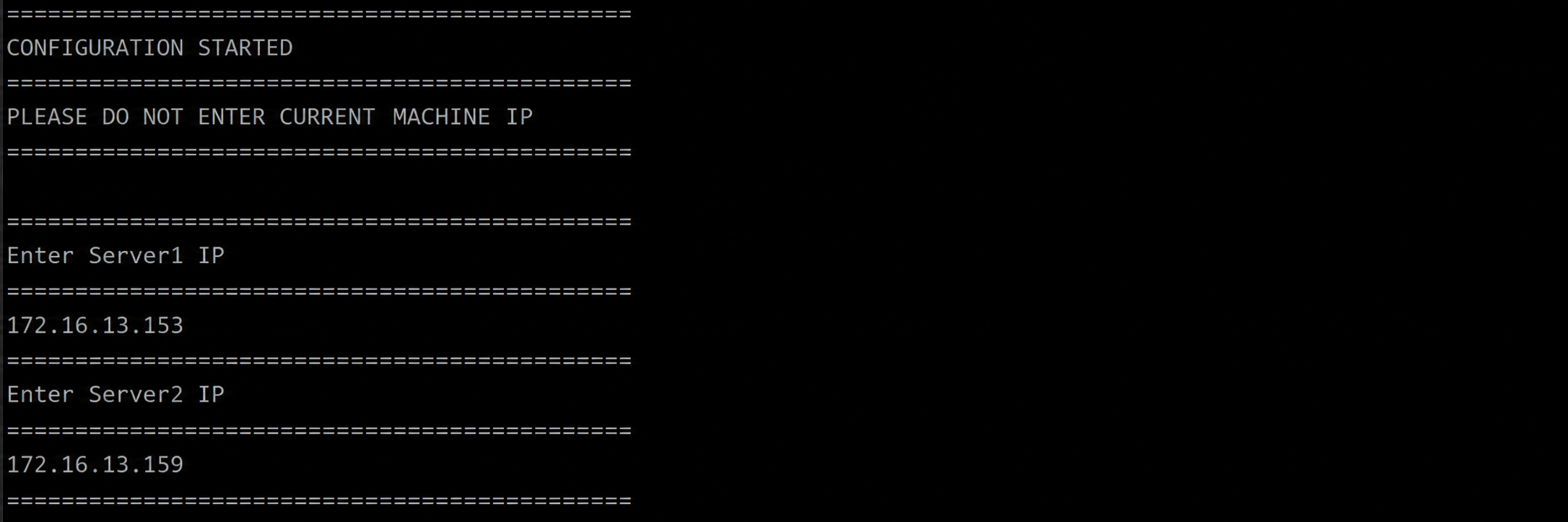 Terminal showing DC Master IP entered as the Server 1 during file sync setup on the DR machine
